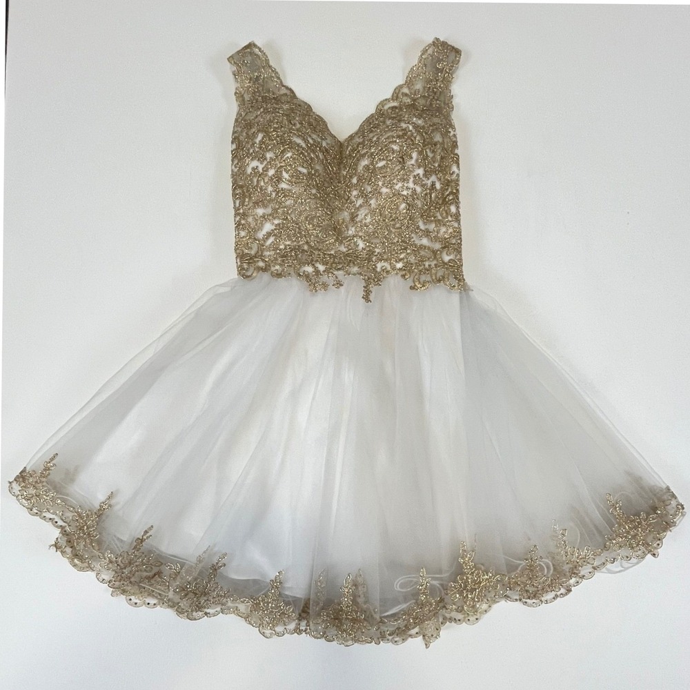 Juliet Gold Lace White Tulle Fit and Flare Prom Dress Rhinestone Sleeveless